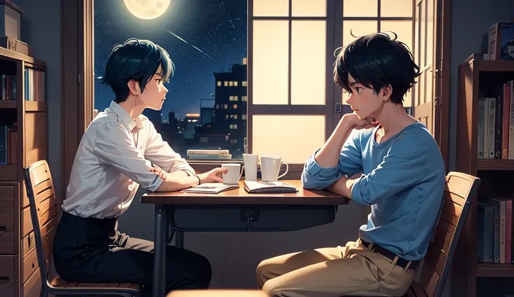 Draw an anime in retro anime style , a simple art of a desk with books, a cup of coffee, a boy seating on chair all organized , moonlight, beautiful sky, Beautiful color palette, Lofi ,soft tone , Blue tone ,Lo-fi Vibes , Focus on the city outside the wind...