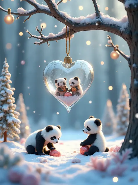 Glass heart ornament hanging on a tree characters chibi tiny white panda bears gathering nuts in the snow covered Forest at Christmas time with beautiful mini fluffy Christmas trees with lights and decorations, silver glitter pink, crystals, flowers,