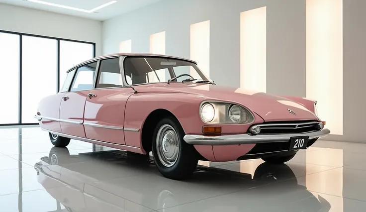 Fornt   Side view of painted (Gleamy creamy   Pink )with shiny clour  New ( 1970 Citroen ds 20   )  Officially  sleek in large shape sedan in large size with  (1970 Citroen ds 20  ) its large detailed grille in shiny white clour with angular sporty design ...