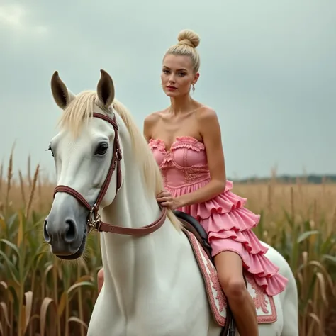  The image shows a sexy blonde woman with platinum hair tied in a bun,  wearing a short shoulder to shoulder dress embroidered in pink with several layers of ruffles . She is posing model style .  this barefoot . Riding a large albino horse . A cornfield s...