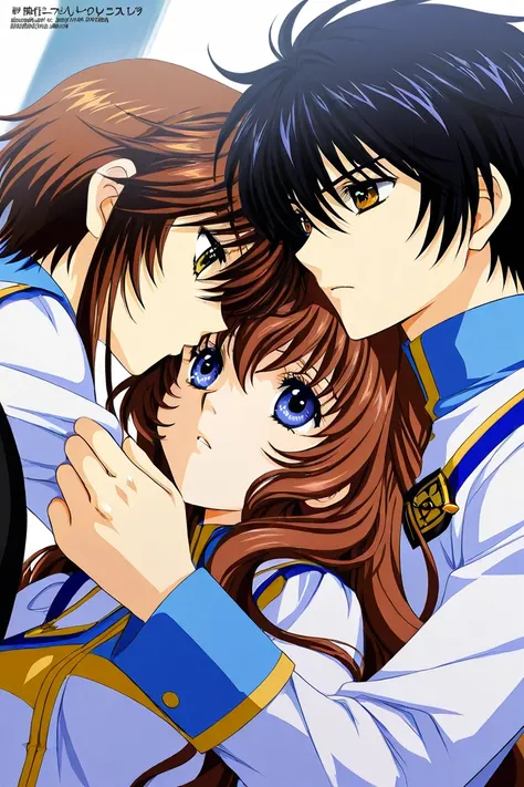 Two academy students. Girl number 1 has long wavy brown hair with shiny golden eyes with a white 2 pieces uniform. Boy number 2 is taller, has black hair with cold light  blue eyes with a blue uniform. Theyre lovers. Kissing. Serious. Clamp Tsubasa chronic...