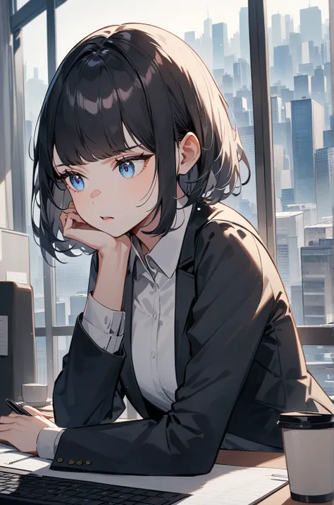 The image shows a digital anime-style female character, An Nhiên, sitting at a modern office on the 25th floor of a luxury apartment building with floor-to-ceiling windows showing a city skyline in the background. She is focused, looking intently at her la...