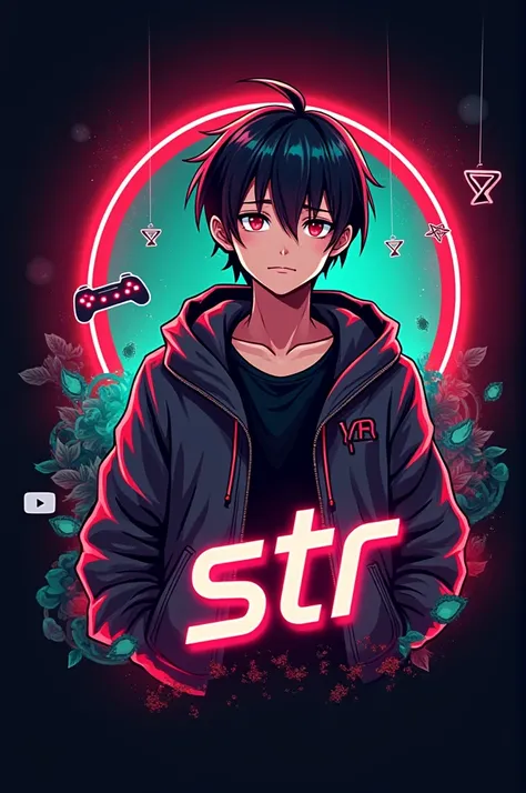 This is a gaming logo that features the name " S T R " in a futuristic font and a neon red and green color. and Boy Anime avtar, The logo also has a stylized controller icon and a YouTube play button in the background. The logo is designed to be attractive...