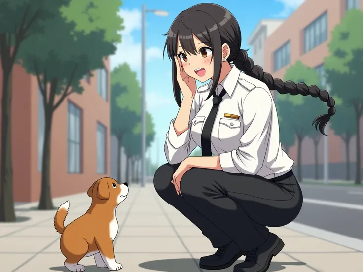 1 woman, possession,  Braided Ponytail ,  ring eyes , Official ,  white shirt, Long sleeves,  Black tie,  black pants , Raise your hand,  puts his hand on his cheek,  solo focus, excited,  open mouth, Squatting , dog, dog in foreground,  looking down, diff...