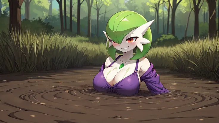 (((gardevoir))), (((Purple dress with thin straps and tight neckline ))), (((sleeveless))), (((excited))), (((The mud is wrapped around her body ))), (((Sexy cute))), ((( ultra-detailed))), (( huge boobs)), ((((seductive smile)))), (((orgasm))), ((( she is...