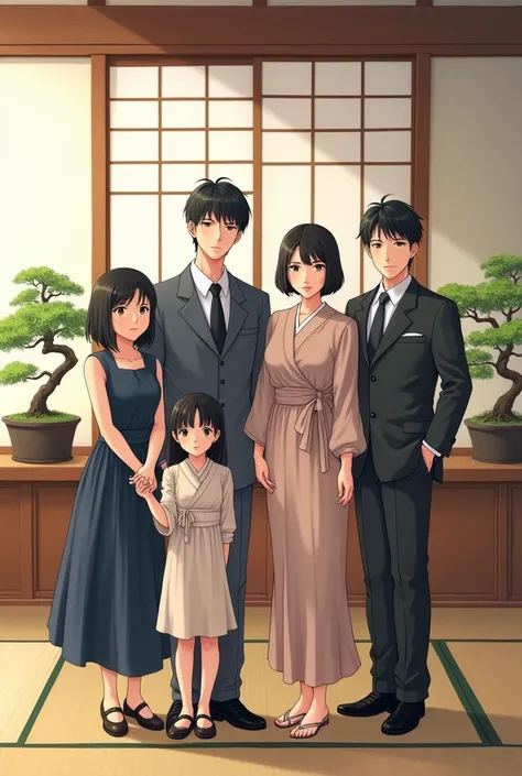 Japanese anime,family group photo, home, all are adults and mature, 3 men and 2 Women