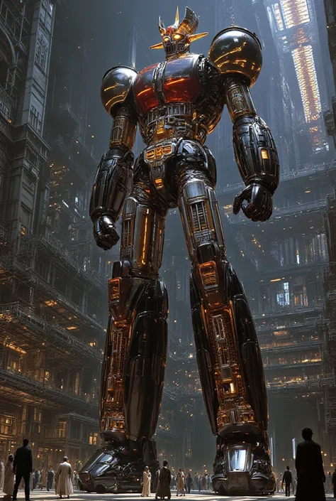 A very realistic giant version of the great hero Great Mazinger Z ,  standing 100 meters high in a forward position.  reactor equipment production line constructed with modern materials such as steel ,  Carbon Fiber ,  other industrial elements are also vi...