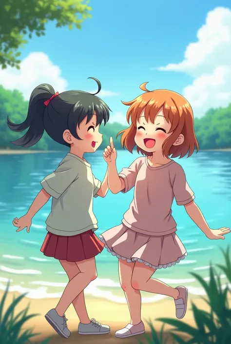 A anime character in wind and laughing in lake side with his friend 