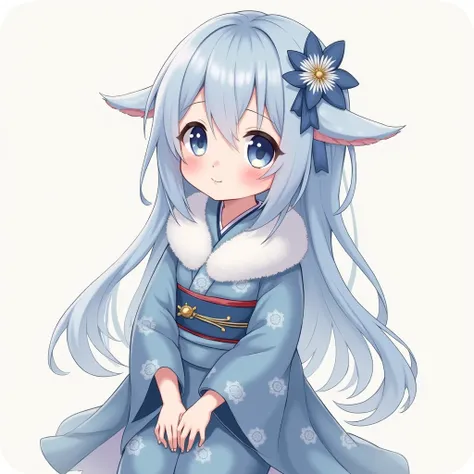 Minicara wearing a kimono, light blue hair, dark blue eyes, long hair