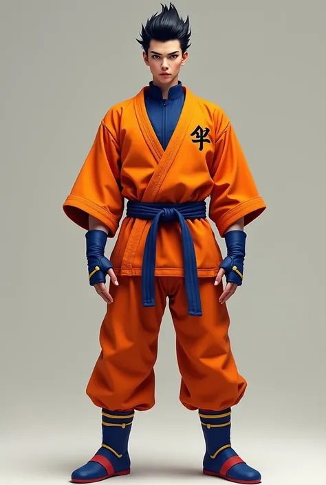 Wears a gi (martial arts uniform) with bright orange as the main color. Has a dark blue belt tied around the waist. Inside the gi is a dark blue shirt that is visible around the neck and arms. There is a black symbol with kanji writing on the left chest of...