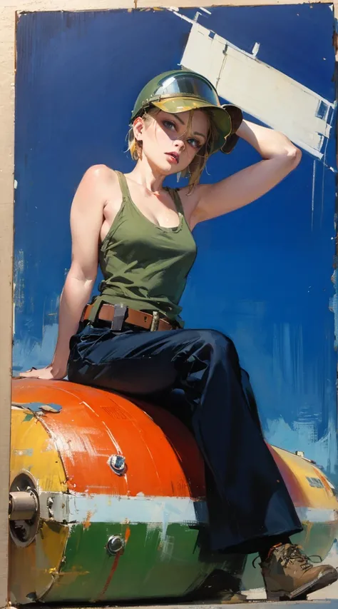 tank girl character, military helmet, piercings, shotgun, in a tank, (art inspired by Skottie Young and Bill Sienkiewicz). oil painting)