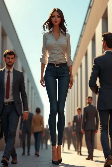 Jane is a very tall woman, so tall that people come to her belly, she wears office formal skintight buttoned shirt tucked in skintight jeans and black belt, skinny jeans, skinny legs, skinny shirt TUCKED in