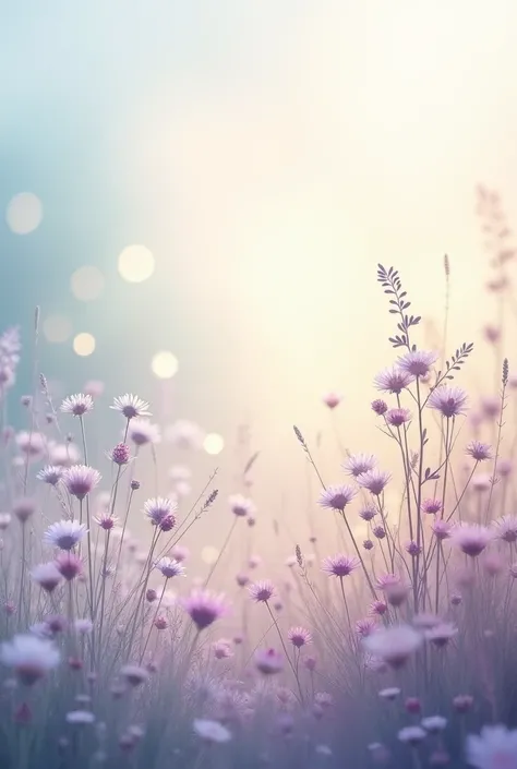 Dreamy floral meadow, soft pastel colors, ethereal atmosphere, delicate wildflowers, lavender stalks, wispy grasses, misty background, diffused light, painterly style, romantic mood, gentle bokeh effect, whimsical nature scene, muted tones, gossamer textur...