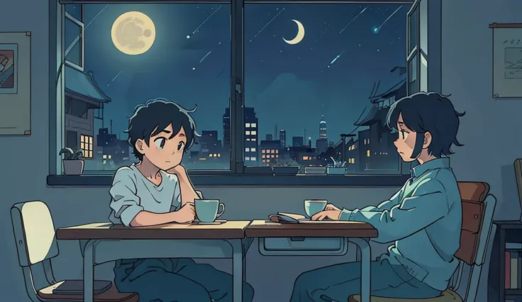 Draw an anime in retro anime style , a simple art of a desk with books, a cup of coffee, a boy seating on chair all organized , moonlight, beautiful sky, Beautiful color palette, Lofi ,soft tone , Blue tone ,Lo-fi Vibes , Focus on the city outside the wind...