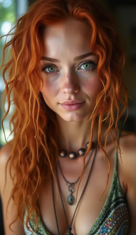 Close-up of the very attractive woman,  with her disheveled red-haired dreadlocks and some messy hippie ornaments, like beads and loose ribbons .  Her green eyes have a special sparkle ,  and the freckles on her cheeks add natural charm .  She wears a low-...