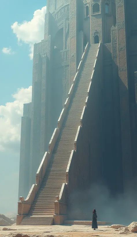 A giant staircase towards the sky, with a person climbing confidently.