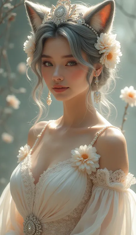 person,  creative art , history, Classic, experience, Multi-color options ,  High Details ,  soft light on the background,  luxurious environment ,  delicate flowing fox costume ,  beautiful cotton flowers , Detailed Jewels, Pure atmosphere,  elegant pose ...