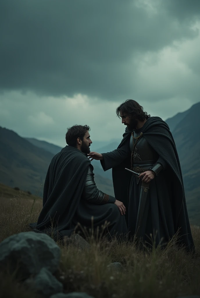 I generate an image of a gentleman in his armor sitting in a lonely valley alone and next to Jesus Christ touching the shoulder as if comforting him, but under a very, very dark sky and some melancholy add to the image.