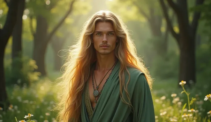 HYPER-REALISTIC, PHOTO, REALISM, CINEMATOGRAPHY, 8K, EXTREME DETAIL. A radiant, youthful Maia, Mairon, stands in a lush, verdant forest. His long golden hair flows softly down to his shoulders, catching the light. His facial features are perfectly symmetri...