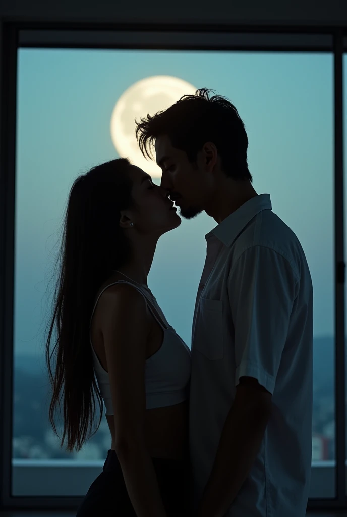 masterpiece of erotic cinematic, a Japan girl 22y long hairstyles, she wear fashion street clothes on right is Japan handsome man 26years in white shirt, standing french kissing like sex couple, dynamic pose, behind is large rectangular window noble Europe...