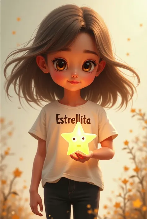 Long-haired light brown girl with brown eyes wearing a t-shirt with the name Estrellita ,with black pants with red shoes with a star in her hand 