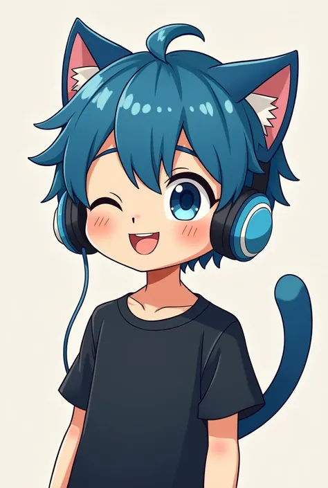 Cartoon boy style black shirt and blue kitten earphone hair