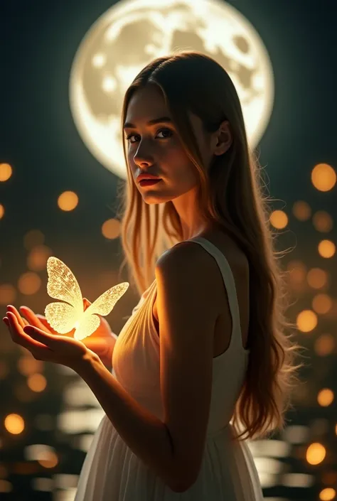 This image features a woman with long smooth  hair,  wearing a white dress .  He stood with his back to the camera ,  slightly turned his head towards the lens ,  giving a soft and graceful expression .beautiful glow gold  butterfly like an a magic out  fr...