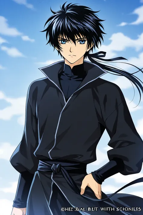 A boy that is tall with Black black hair and light blue eyes like the sky, hes handsome but bad tempered wearing black clothes. CLAMP Tsubasa Chronicles drawing style. 