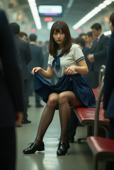 A woman in a high school uniform sits with her legs spread and lifts her skirt , wearing Pantyhose and Lofer, Its live-action, in train station,