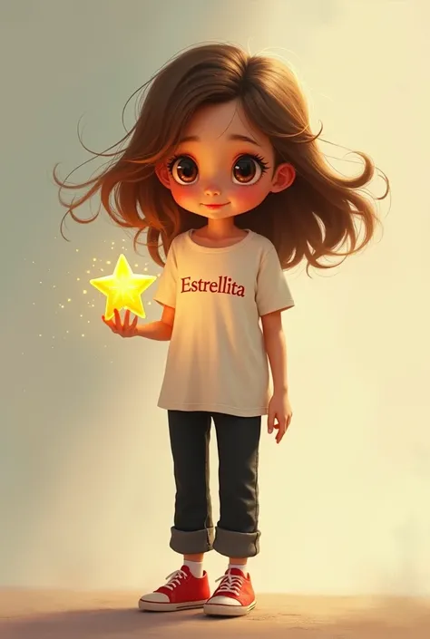 Long-haired light brown girl with brown eyes wearing a t-shirt with the name Estrellita ,with black pants with red shoes with a star in her hand 