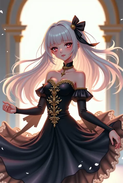 prompt: anime  8K resolution, Delicate features, , single, Unique pupils, smile, white ling hair, Princess Cut, Ribbon hair ornament, brooch, Shinynblack dress, Gold embroidery,****ta Style, Gothic style, Facing the audience,  Small lip width, lips are sma...