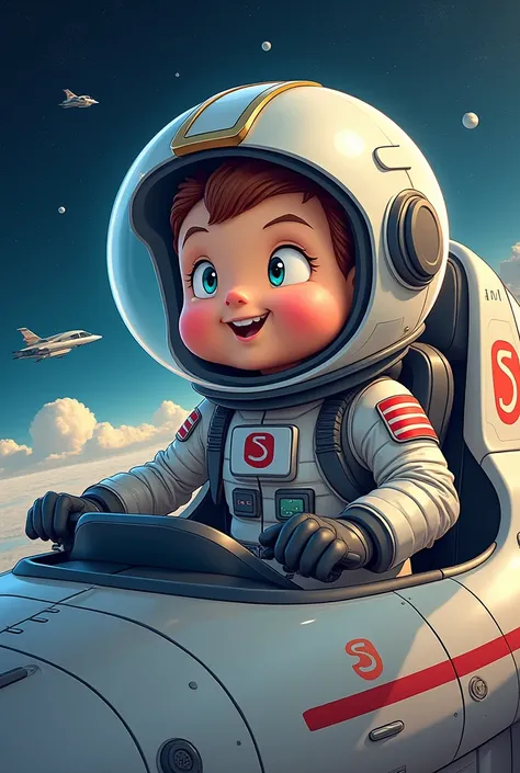 a funny cartoon character wearing an astronaut suit with the SS logo and Logan Space Shiper