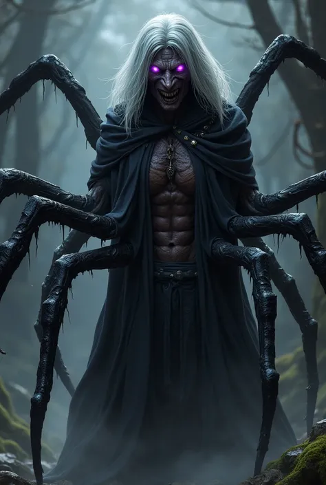 Terratect men, Dnd creature, Half man, Half spider, Eight eyes, Human body with spider legs on back, Black skin, Bright amethyst eyes, White long hair, Black hooded robe 