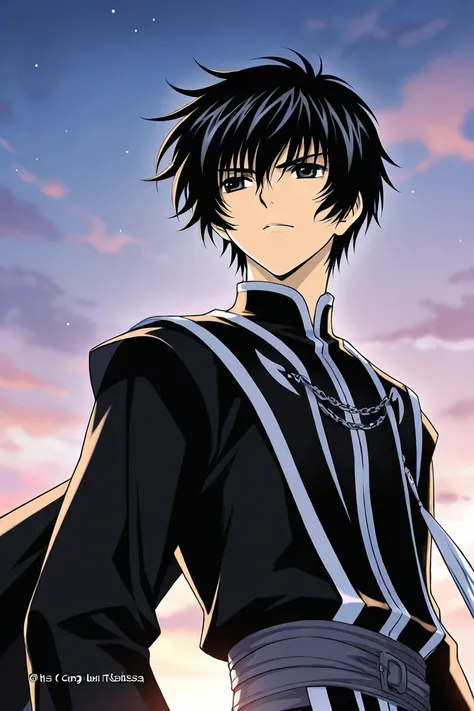 A boy that is tall with Black black hair and eyes like the sky, hes handsome but bad tempered wearing black clothes. CLAMP Tsubasa Chronicles drawing style. 