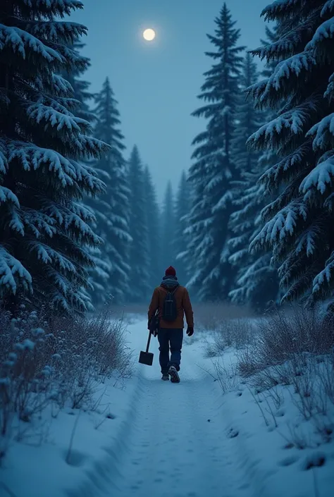 .  The lumberjack in the forest

A humble woodcutter walks through a snowy forest at night, dressed in simple winter clothing .  He carries an axe while the snow covers the ground and the tall evergreen trees .  The scene conveys serenity and the cold of t...