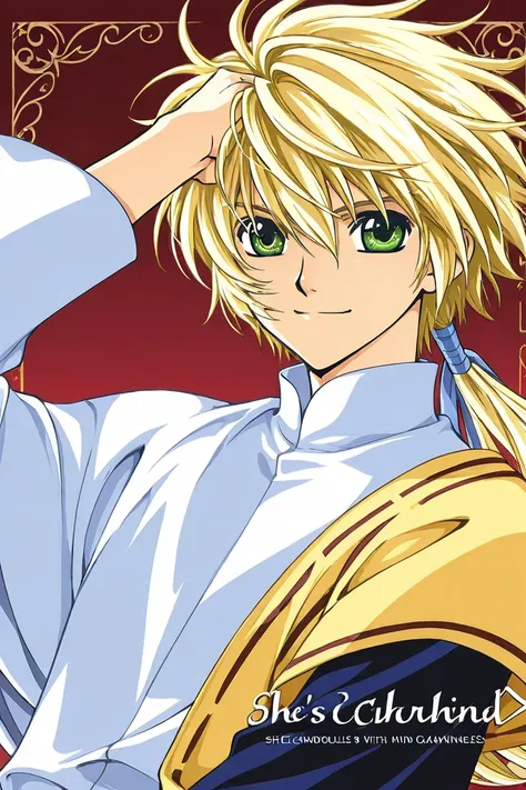 An student boy that is tall with blonde hair and green eyes, hes handsome and kind. wearing white clothes. Smiling. CLAMP Tsubasa Chronicles drawing style. Manga cover.