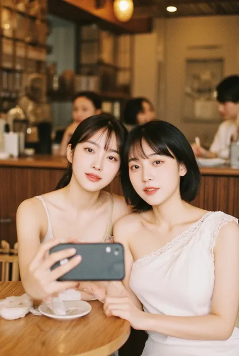 young korean woman, white one side off shoulder dress, selfie with friend in coffee restaurant