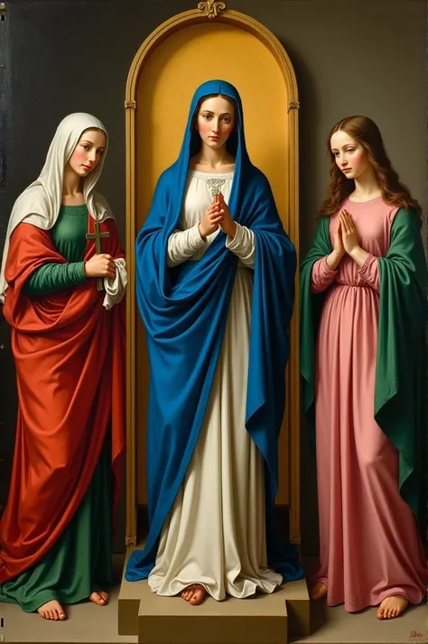  The Three Virgin Marys :  Mary the Mother of God , to the center,  white dress and royal blue cloak and veil,  in her hands a crown of thorns .  Maria Magdalena , To the right,  pink dress and green cloak and veil ,  in her hands a cross . María de Cleofá...