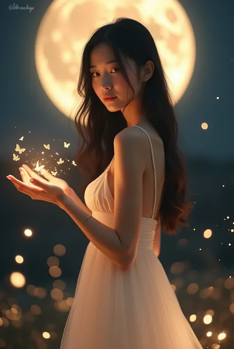 This image features a korean woman with long smooth  hair,  wearing a  elegant white dress .  He stood with his back to the camera ,  slightly turned his head towards the lens ,  giving a soft and graceful expression .beautiful glow gold some little  butte...