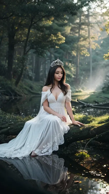 Create image of a surreal, ethereal scene featuring a pale woman with long, flowing white hair sitting on a gnarled, dark tree branch that extends diagonally across the frame. Her dress, almost blending with her hair, drapes gracefully over the branch. The...