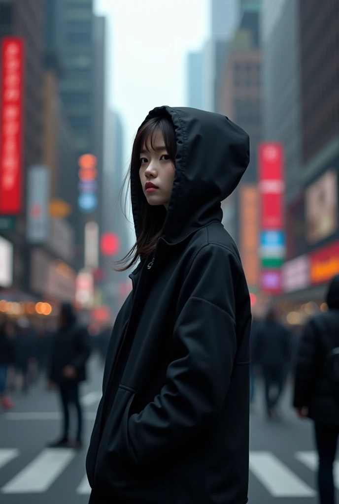 A south korean girl, wear black jacket with hood on her head, Facing back in new york city, 8K Resolution High Resolution, 