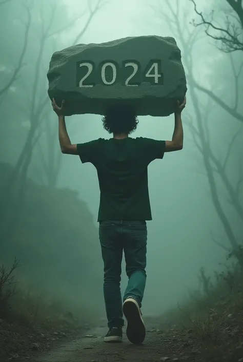 "A young man with a small physique, wearing a dark green t-shirt, short, slightly messy curly hair, worn, torn jeans, and sneakers, was seen limping, lifting a large stone above his head with both hands. The stone was engraved into a large inscription 2024...