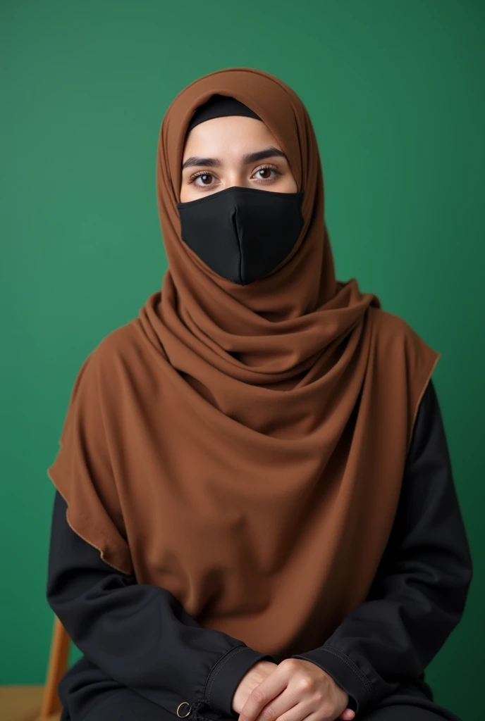 A 20-year-old Afghan female teacher is seated calmly in a teaching pose, symbolizing her cultural and professional identity. She wears a Brown hijab that fully covers her hair, neck, shoulders, and upper chest, adhering strictly to Islamic modesty standard...