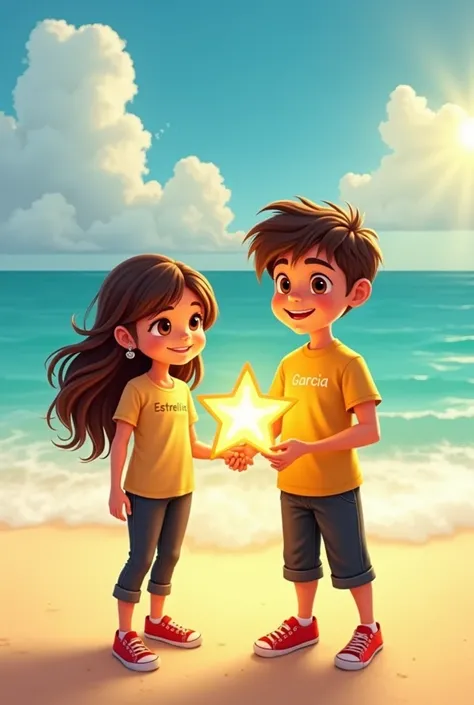 Brown-eyed long-haired girl with a t-shirt with the name Estrellita ,with black pants with red shoes with a star in his hand with boy short black hair brown eyes muscular yellow with the name of Garcia with black pants red shoes with a star in his hand on ...