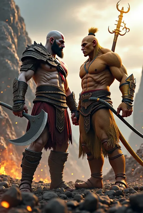 An epic, highly detailed cinematic artwork featuring Kratos from God of War and Wukong from Black Myth: Wukong standing together in a rugged, mystical battlefield. Kratos is depicted with his muscular build, white skin, red markings, a thick beard, and his...