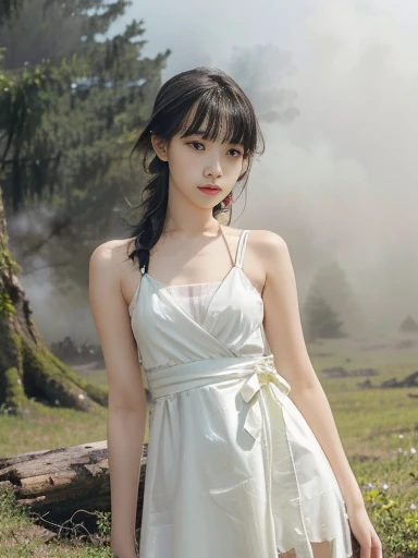 (Best Quality, 16k, Realistic:1.2),  Japanese teenage girl in a misty forest at night , (Detailed skin, Sweet Dress), (Long Hair:1.3, Short bangs), (Mysterious lighting , Thick Fog:1.4),  16K film-like ,  captures the essence of a Japanese teenage girl in ...