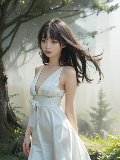 (Best Quality, 16k, Realistic:1.2),  Japanese teenage girl in a misty forest at night , (Detailed skin, Sweet Dress), (Long Hair:1.3, Short bangs), (Mysterious lighting , Thick Fog:1.4),  16K film-like ,  captures the essence of a Japanese teenage girl in ...