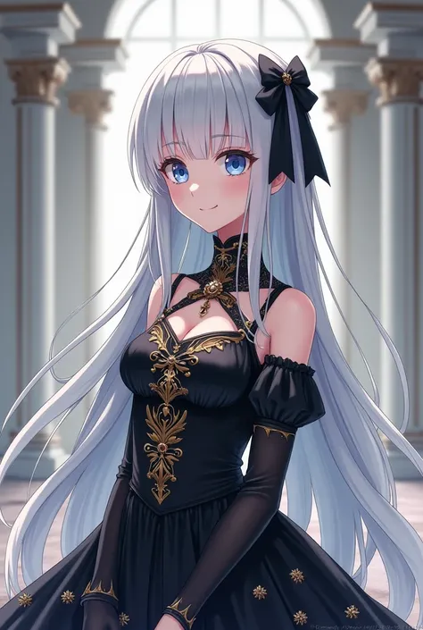 prompt: anime  8K resolution, Delicate features, , single, Unique pupils, smile, white ling hair, light blue eyes. Princess Cut, Ribbon hair ornament, brooch, Shinynblack dress, Gold embroidery,****ta Style, white and black Gothic lolita style, Facing the ...