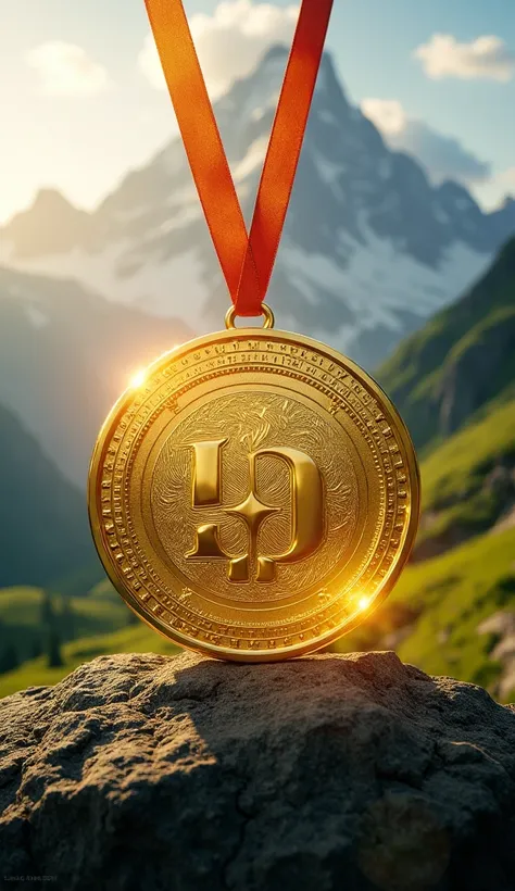 A golden medal shining in the sun,  with a mountain landscape in the background .