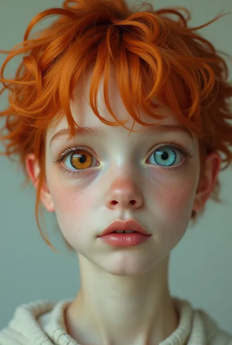 Creates short hair of red-haired copper with honey color, as well as very white skin, eyes of one color blue and the other amber, with a bumpy nose, appearance between 17 and 18 years old.